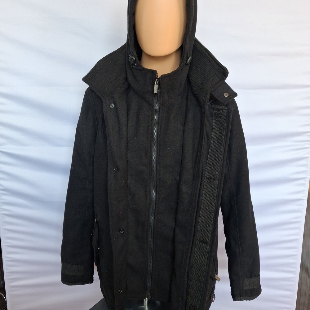 Superfly Premier Pea Trench Mens Medium Black Hooded Wool Blend Heavy Coat
